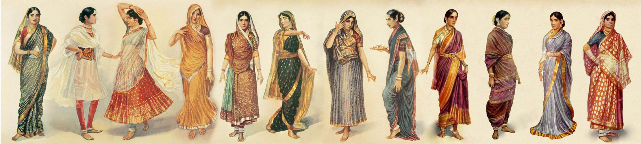 Ilustracja różnych stylów <i>sari</i>, <i>gagra choli</i> i <i>shalwar kameez</i> noszonych przez kobiety w Indiach na grafikach M.V.Dhurandhar'a